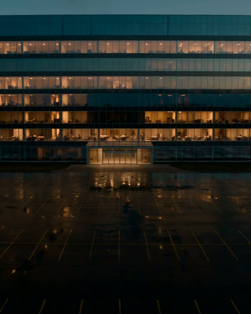Municipal facility at dusk with exterior camera coverage